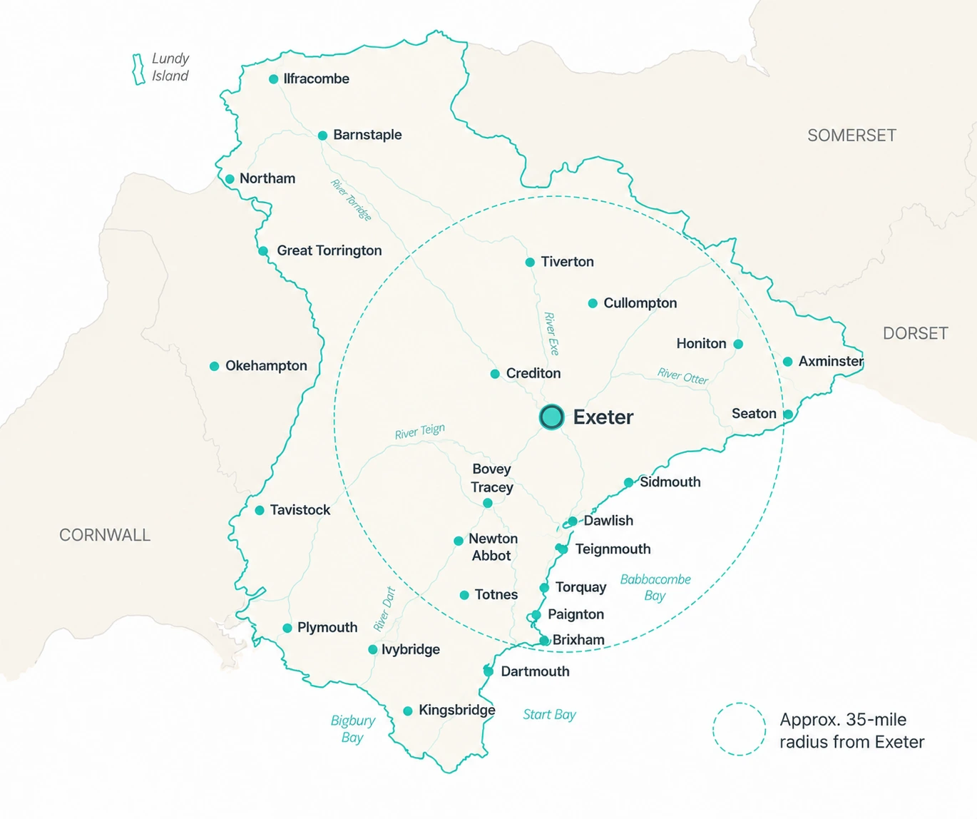 Map showing the approximate 35-mile service radius from Exeter, covering towns across Devon