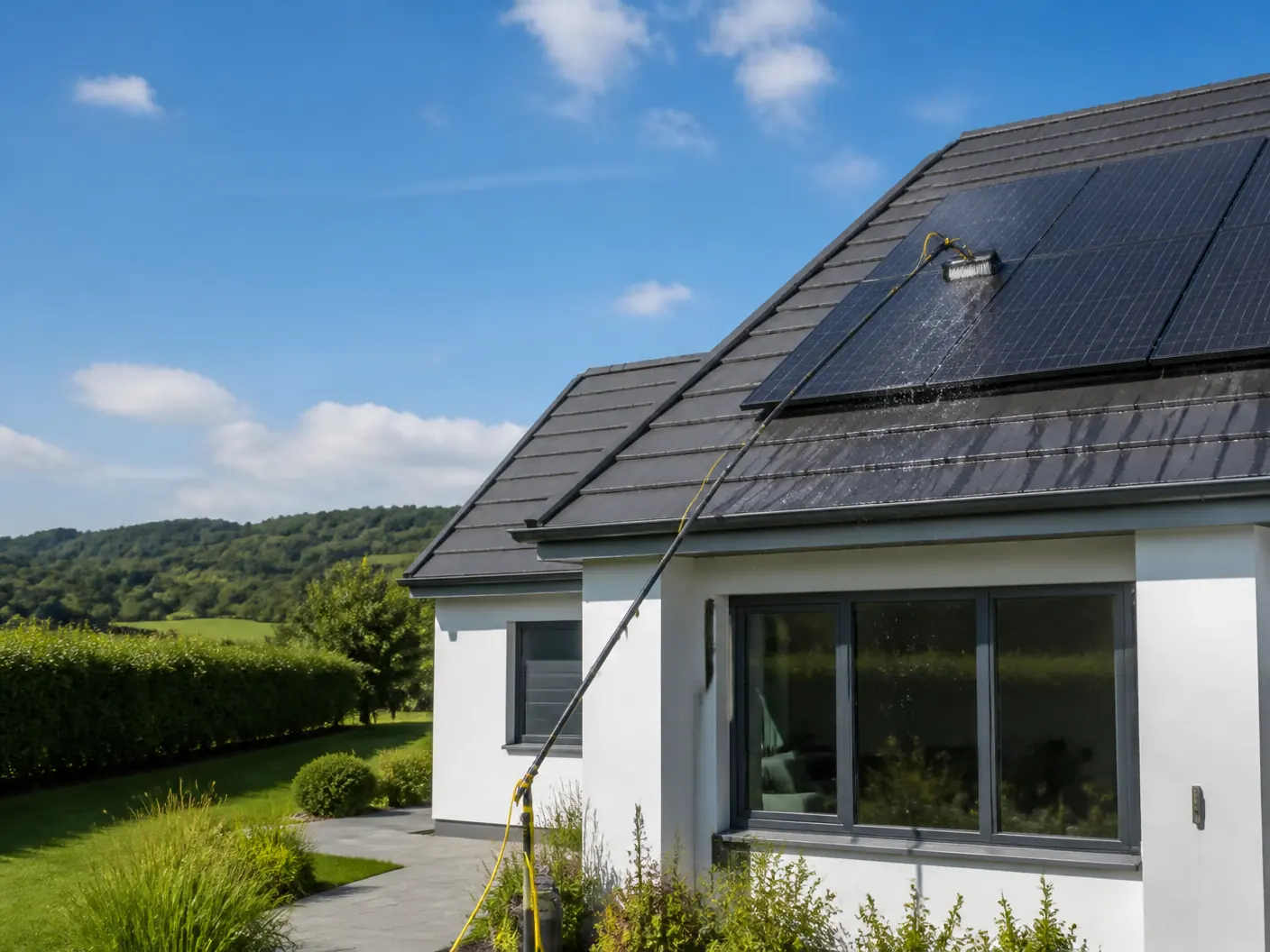 Solar panels being cleaned on a house roof in Exeter